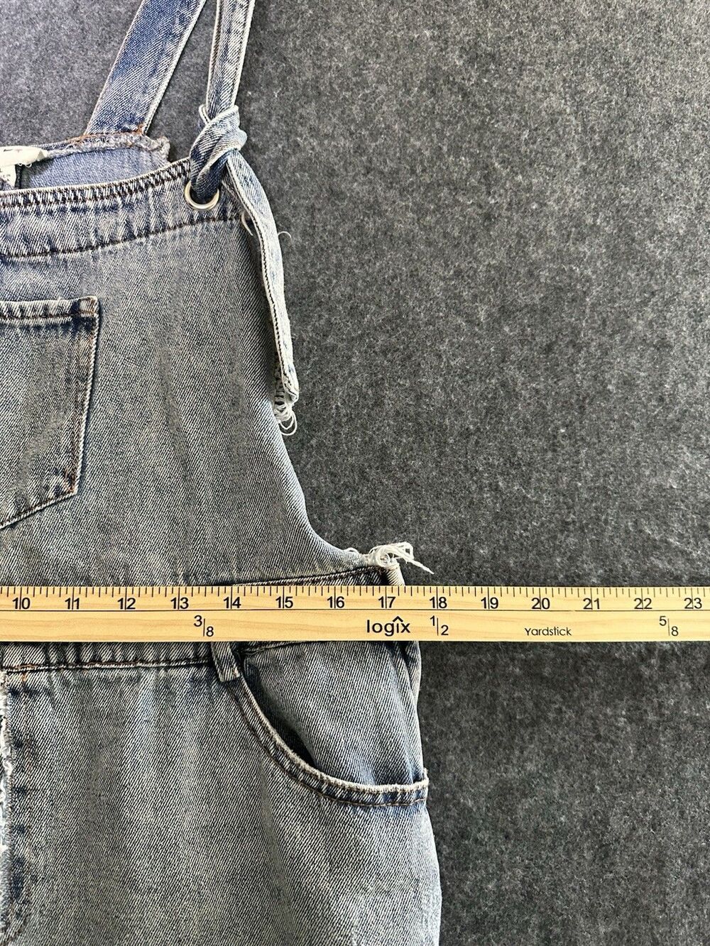 Bibi Denim Overall Dress Tie Strap Distressed Frayed Pinafore Y2K 90s Country L - Picture 8 of 9